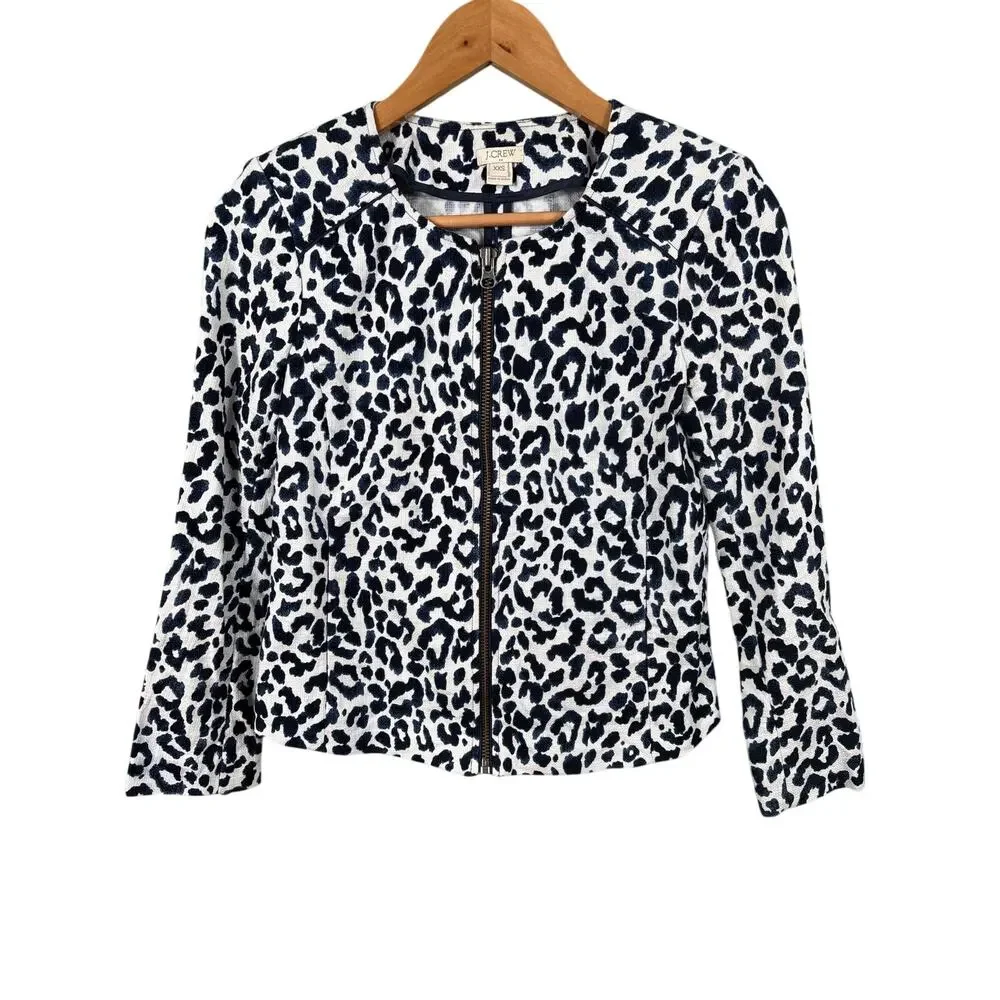 J. Crew Women Size XXS Blue and White Leopard Print Full‎ Zip Moto Bomber Jacket
